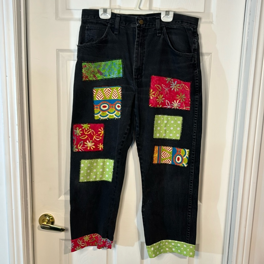 Ladies size 34 Upcycled Black cropped Jeans